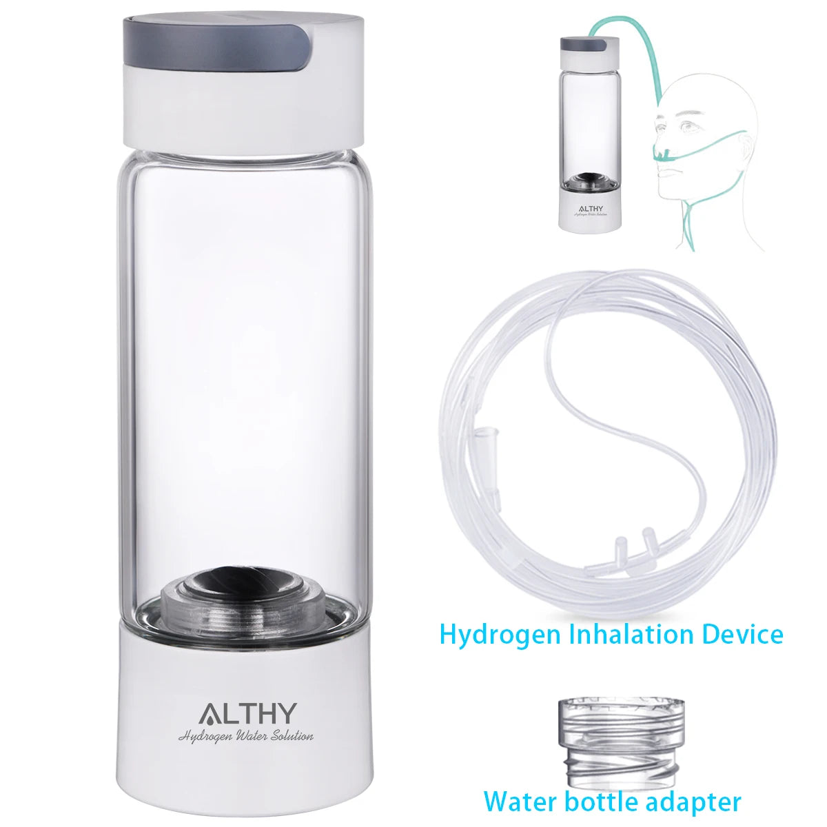 ALTHY Premium Hydrogen Water Generator Bottle – Glass Cup Body, 6000 PPB SPE-PEM Dual Chamber H₂ Ionizer