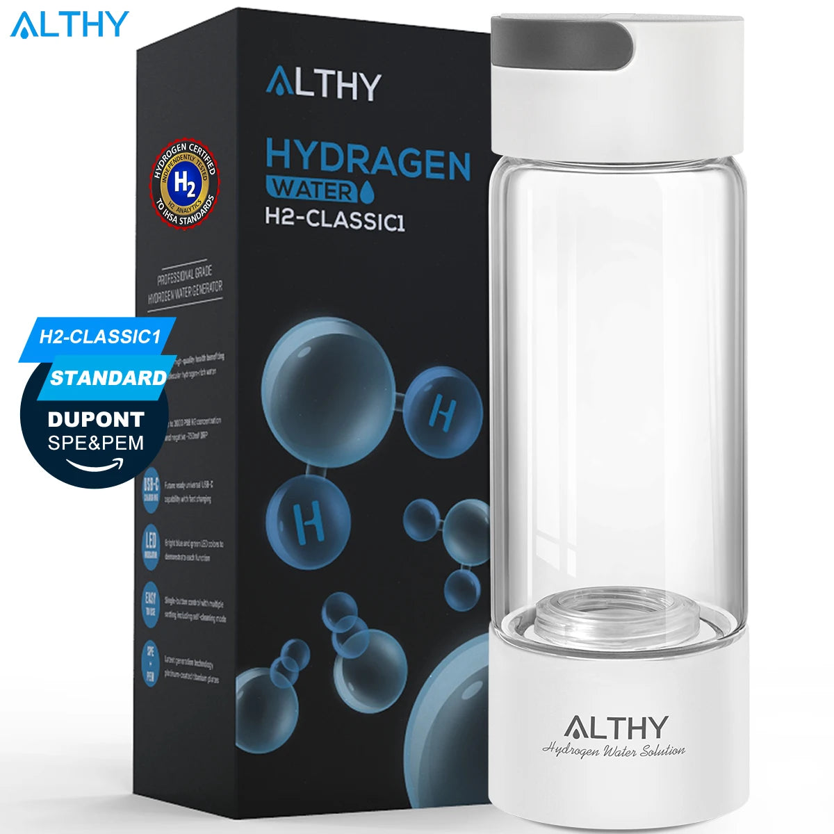 ALTHY Premium Hydrogen Water Generator Bottle – Glass Cup Body, 6000 PPB SPE-PEM Dual Chamber H₂ Ionizer