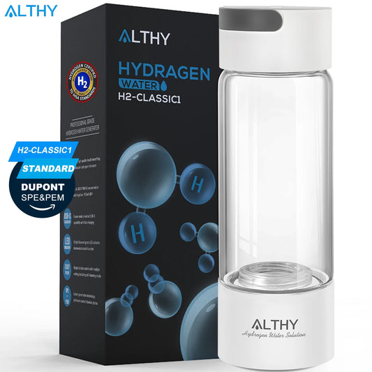 ALTHY Premium Hydrogen Water Generator Bottle – Glass Cup Body, 6000 PPB SPE-PEM Dual Chamber H₂ Ionizer