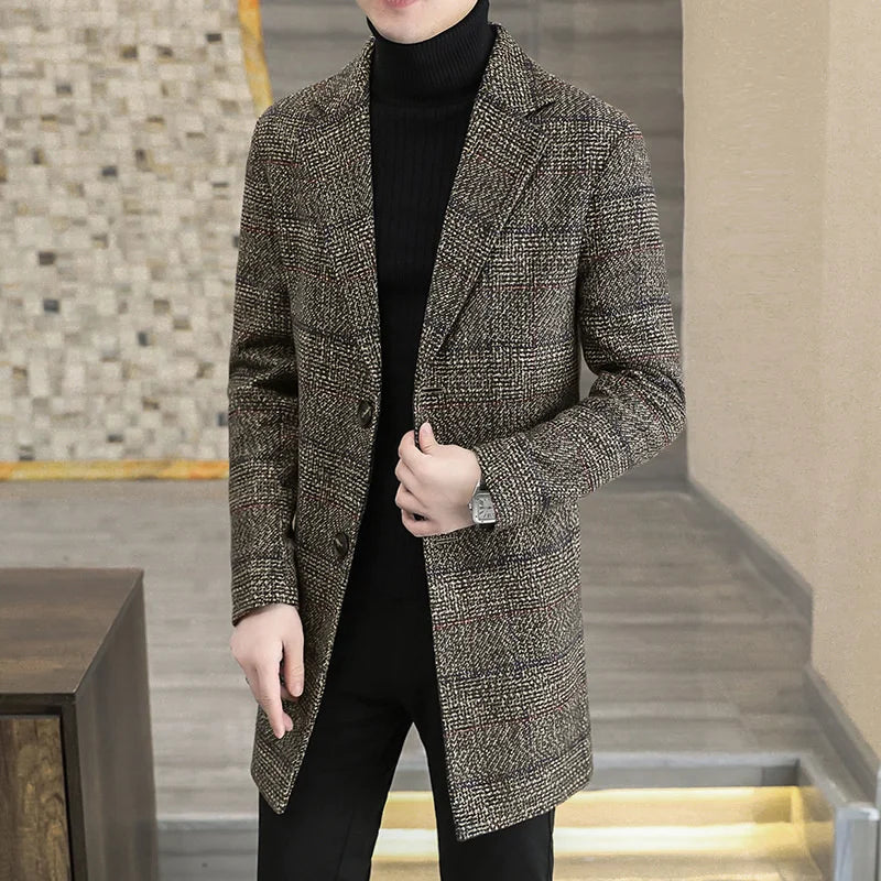 Men's Plaid Wool Trench Coat
