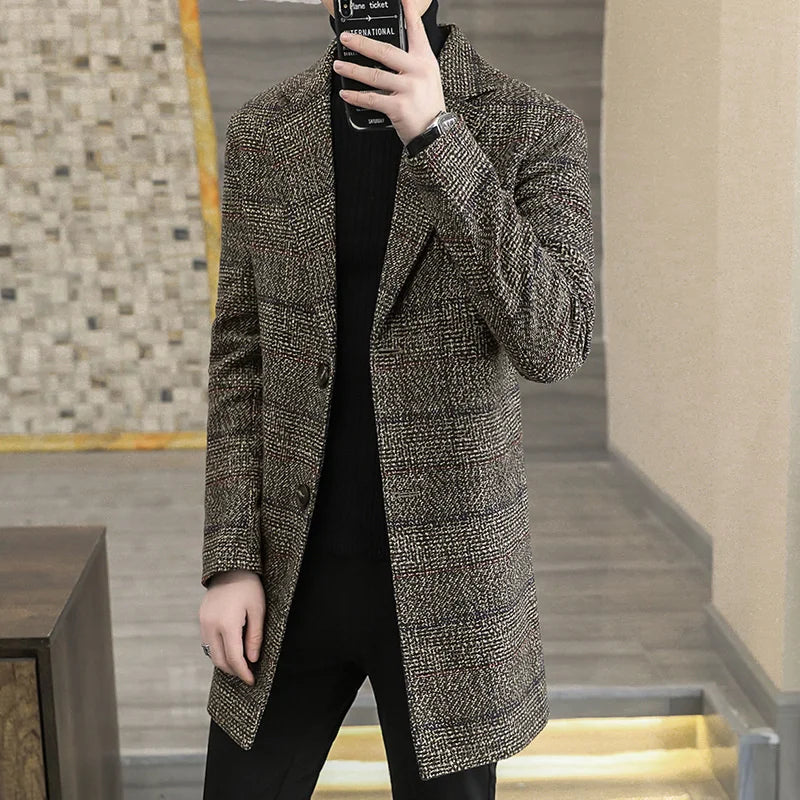Men's Plaid Wool Trench Coat